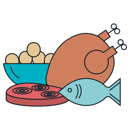 delicious chicken meat with fish and ham vector illustration designのイラスト素材