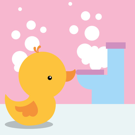 rubber duck toy and toilet bubbles bathroom vector illustrationのイラスト素材