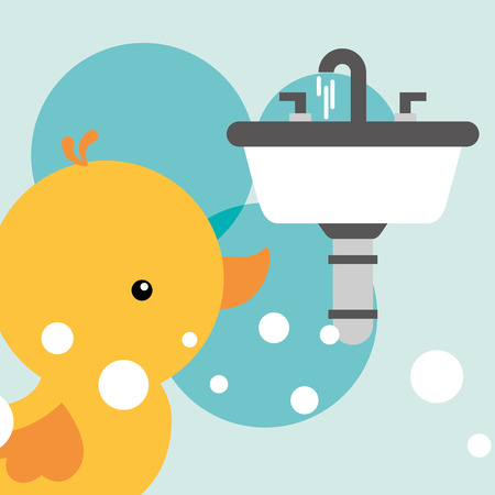 rubber duck toy and white washbasin bathroom vector illustrationのイラスト素材