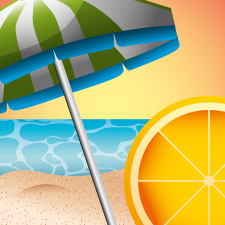 beach umbrella orange and beach sea sand summer time vector illustrationのイラスト素材