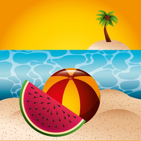 tropical beach watermelon and rubber ball summer time vector illustrationのイラスト素材