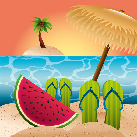 beach tropical watermelon sandals palm summer time vector illustrationのイラスト素材
