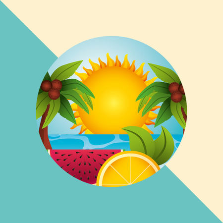 summer time sun ocean watermelon  orange palms coconuts beach vector illustrationのイラスト素材