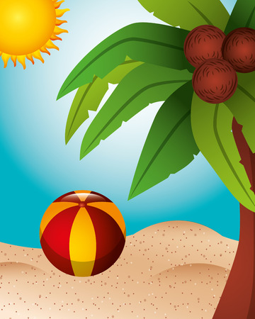summer time palm coconuts beach ball sand sea vector illustrationのイラスト素材