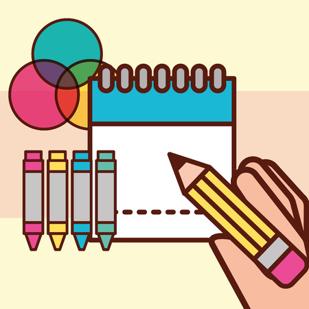 graphic design hand holding pen calendar crayons paint vector illustrationのイラスト素材
