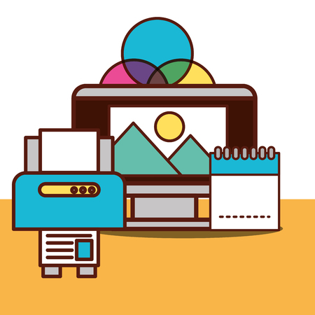 graphic design printer computer screen landscape colors calendar vector illustrationのイラスト素材