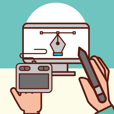graphic design hands holding tablet pen creative computer screen tweezer vector illustrationのイラスト素材