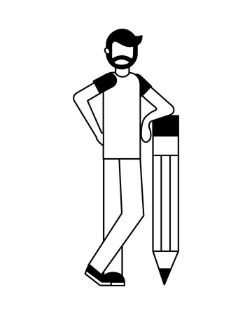 bearded man standing with big wooden pencil creativity vector illustrationのイラスト素材