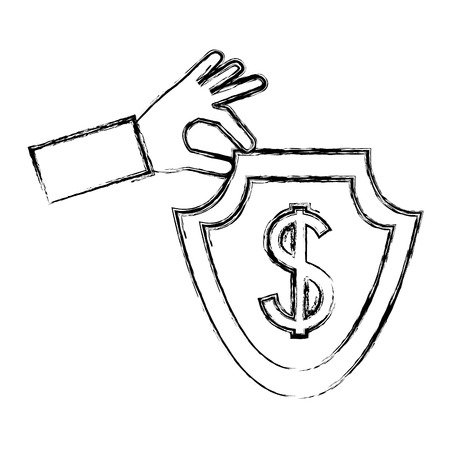 hand holding shield coin dollar currency symbol vector illustration hand drawingのイラスト素材