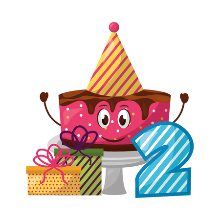 sweet cake with gift box present and number two kawaii character vector illustration designのイラスト素材