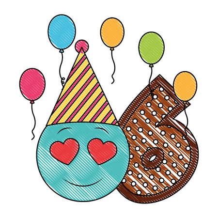 birthday emoticon party hat balloons and six number vector illustrationのイラスト素材