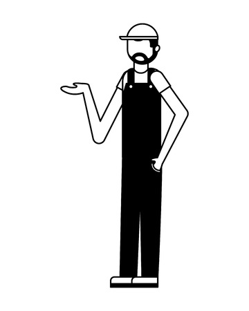 worker employee character with sport cap and overalls vector illustration black and whiteのイラスト素材