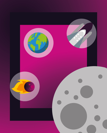 space frame moon stickers rocket asteroid earth vector illustrationのイラスト素材