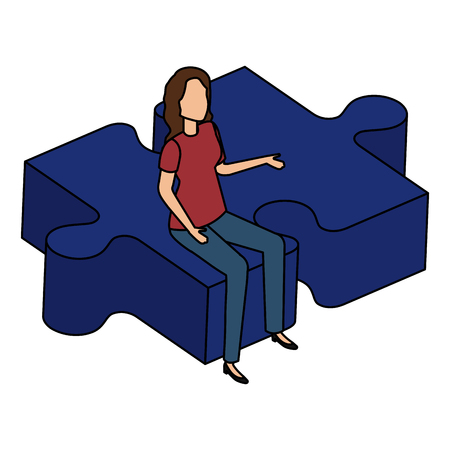 woman sitting in puzzle game piece isometric vector illustration designのイラスト素材