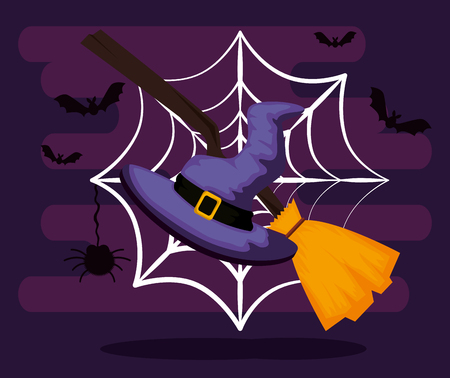 happy halloween card with witch hat and broom vector illustrationのイラスト素材
