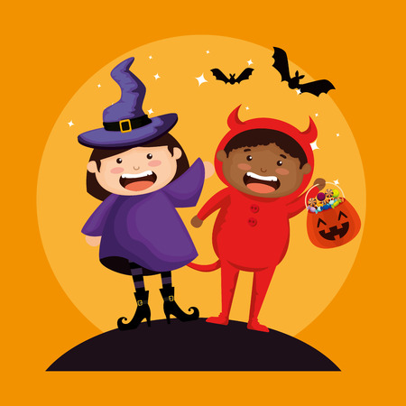 couple kids dressed up as a witch and little devil vector illustrationのイラスト素材
