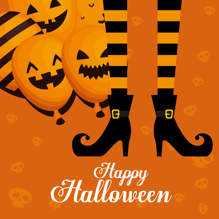 halloween card with balloons helium and wich feets vector illustrationのイラスト素材
