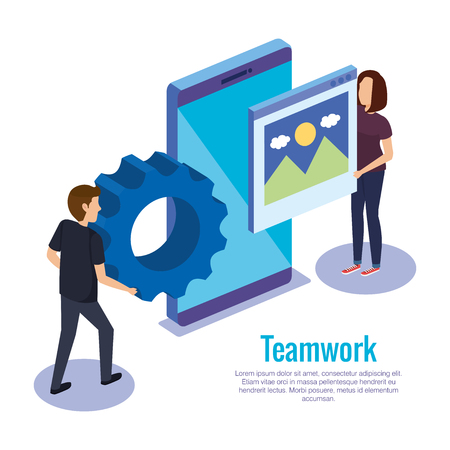 couple teamwork with smartphone vector illustration designのイラスト素材