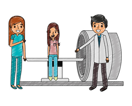 doctor and nurse with patient and scanner machine medical vector illustrationのイラスト素材