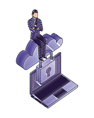 businessman cloud computing laptop and security network vector illustrationのイラスト素材
