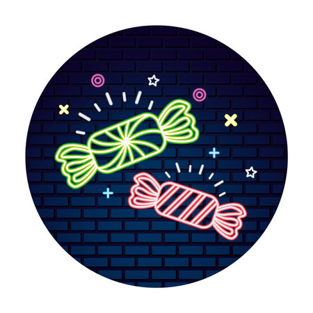 two sweet candies wrapper confetionery neon vector illustrationのイラスト素材