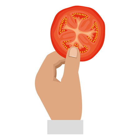 hand with fresh tomato slice healthy food vector illustration designのイラスト素材