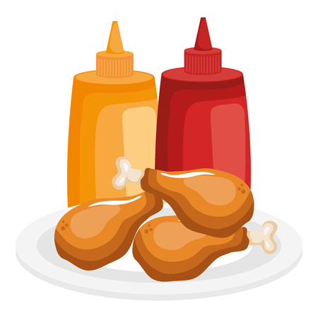 dish with chicken thighs and sauces bottles vector illustration designのイラスト素材