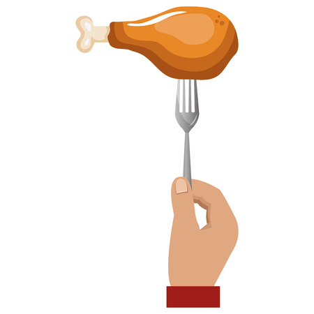 hand with chicken thigh in fork vector illustration designのイラスト素材