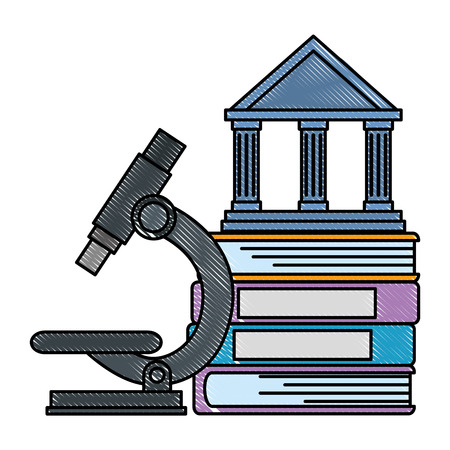 pile text books with microscope and library building vector illustrationのイラスト素材
