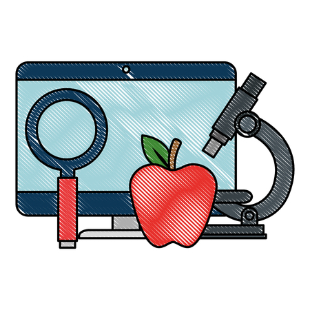 computer desktop with magnifying glass and apple vector illustrationのイラスト素材