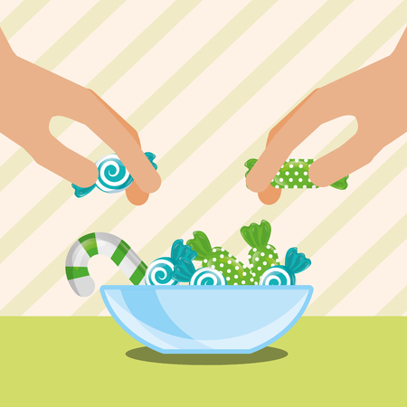 sweet candy hands holding mint green caramels vector illustrationのイラスト素材