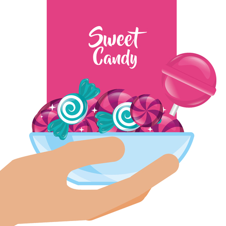 sweet candy hand holding deep plate caramels lollipop vector illustrationのイラスト素材