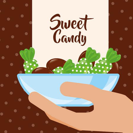 sweet candy hand holding deep plate chocolate green caramel vector illustrationのイラスト素材