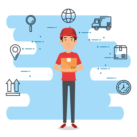 delivery worker with set icons vector illustration designのイラスト素材