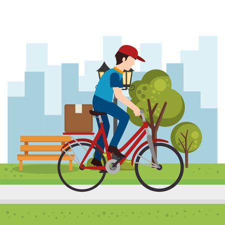 delivery worker in bicycle character vector illustration designのイラスト素材