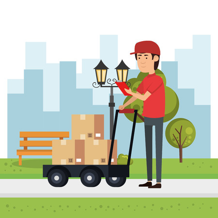 delivery worker with cart boxes character vector illustration designのイラスト素材