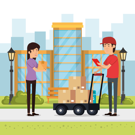 delivery worker with cart boxes character vector illustration designのイラスト素材