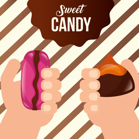 sweet candy hands holding stuffed macarons sticker sign vector illustrationのイラスト素材