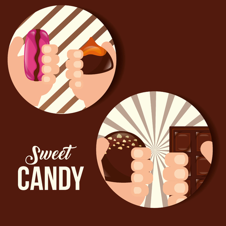 sweet candy stickers hands holding chocolate bar macarons vector illustrationのイラスト素材