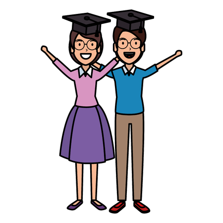 couple of students celebrating with hat graduation vector illustrationのイラスト素材