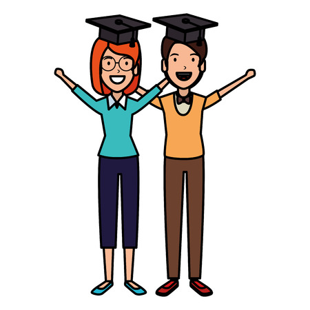 couple of students celebrating with hat graduation vector illustrationのイラスト素材