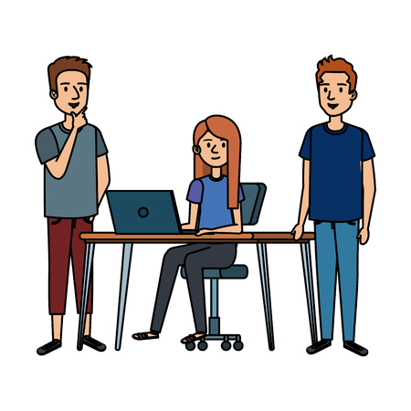 young woman at desk with laptop and companions vector illustrationのイラスト素材