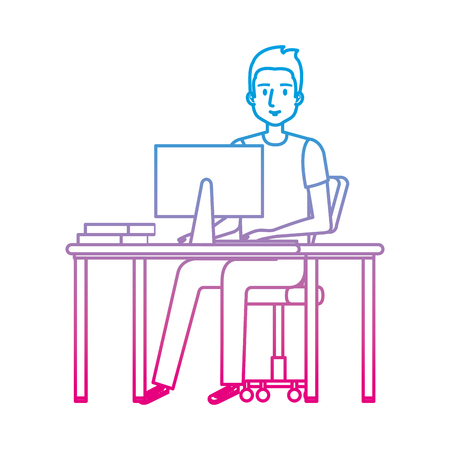 young man at desk with computer vector illustration designのイラスト素材