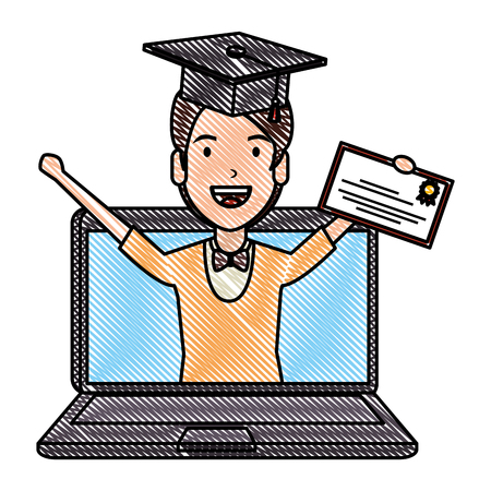 laptop with man student and graduation diploma vector illustrationのイラスト素材