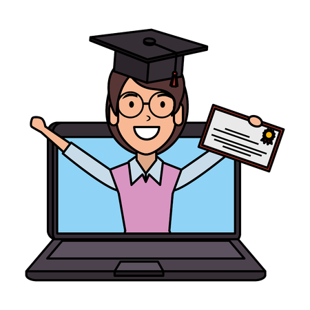 laptop with woman student and graduation diploma vector illustrationのイラスト素材