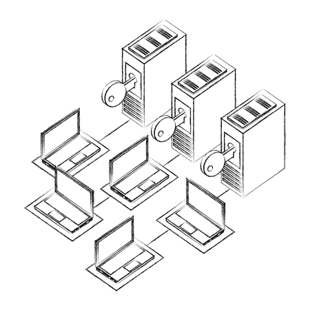 servers data center with keys and computers vector illustration designのイラスト素材