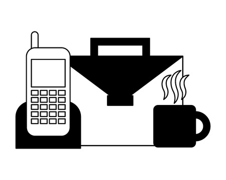 portfolio briefcase with cellphone and cup coffee vector illustration designのイラスト素材