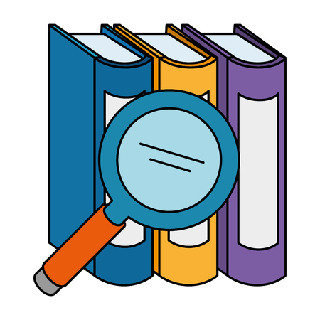 pile text books with magnifying glass vector illustration designのイラスト素材