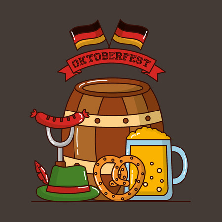 oktoberfest germany flags ribbon barrel heart bretzel traditional hat beer vector illustrationのイラスト素材