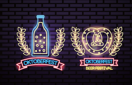 oktoberfest germany stickers leaves neon bretzel beer vector illustrationのイラスト素材